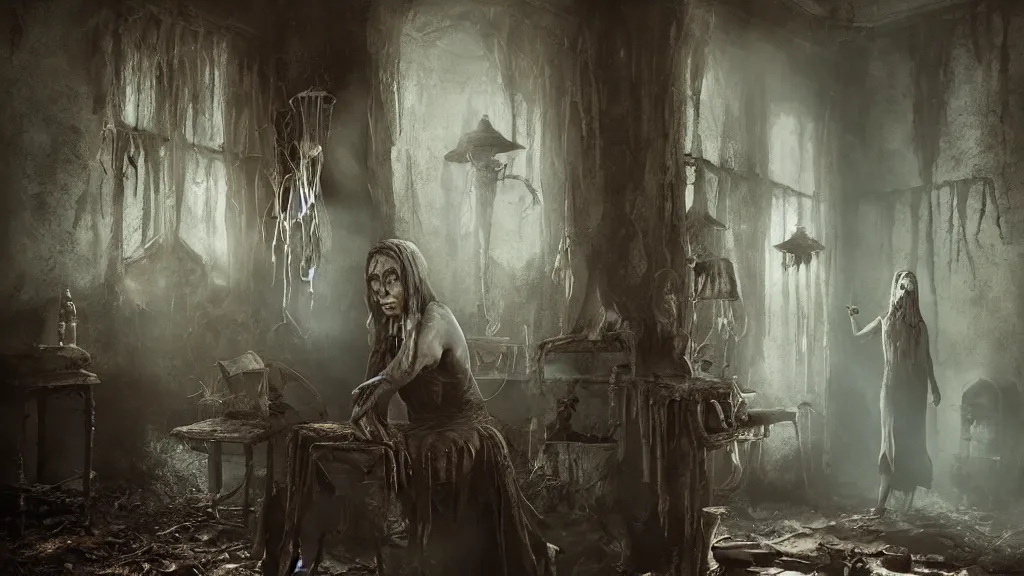 Prompt: An ancient witch in the shadows of a decrepit cottage, highly detailed interior , horror, by Bastien LeCouffe-Deharme, hyperrealistic, Blender 8k UHD