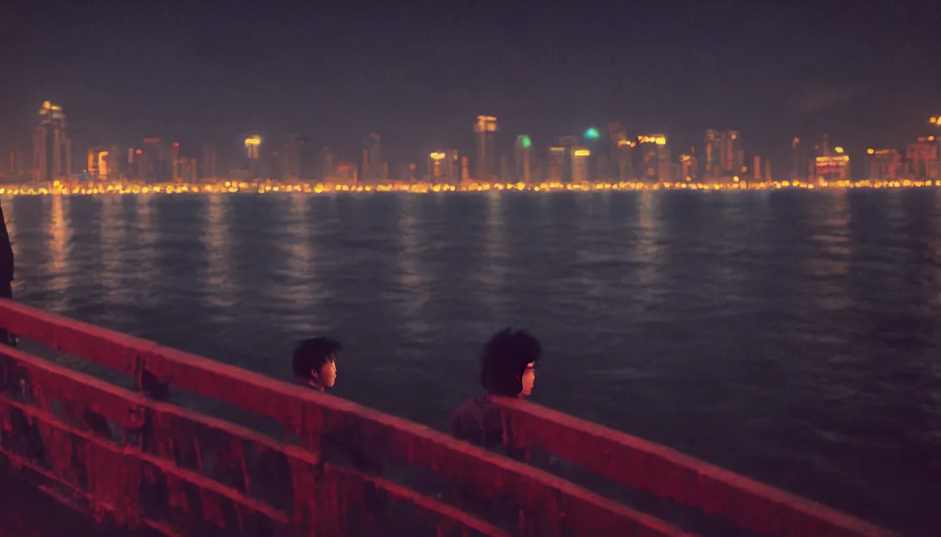 Image similar to 80s asian neon movie still with a lone man on a pier overlooking the river at night with city lights behind his back. Fallen angels movie still. hyperrealistic, high definition, medium format photography, highly detailed, tehnicolor, anamorphic 50mm lens