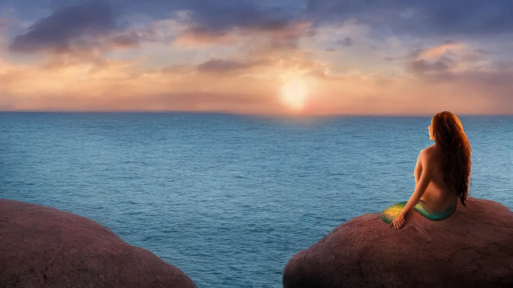 Prompt: a beautiful photograph of a mermaid sits on a rock and stares at the island, sunset lighting, rim light, hyper realistic, 1 0 5 mm, cinematic frame