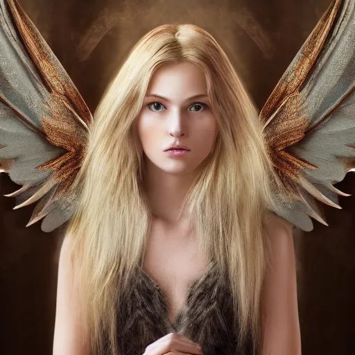 Prompt: very pretty blond female angel with large wings in a dark cave, perfect symmetrical face, shallow depth of field, moody lighting, 8 k, concept art, in the style of martina fackova,