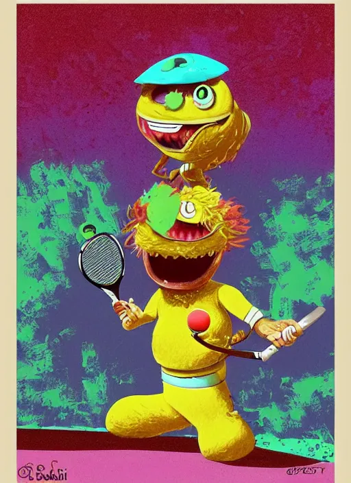 Prompt: good morning pancake and coffee monsters , a tennis ball monster ,tennis ball, colorful, digital art, fantasy, magic, trending on artstation, ultra detailed, professional illustration,chalk, poster artwork by Basil Gogos , clean