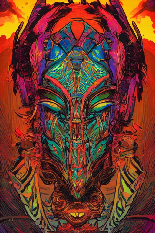 Image similar to totem animal tribal chaman vodoo mask feather gemstone plant video game illustration vivid color borderlands by josan gonzales and dan mumford radiating a glowing aura