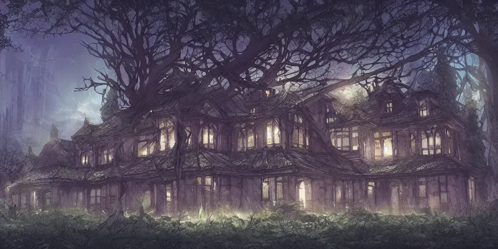 Image similar to manor in the middle of the forest, at night, no light, artstation, detailled, manga!!!, fantasy