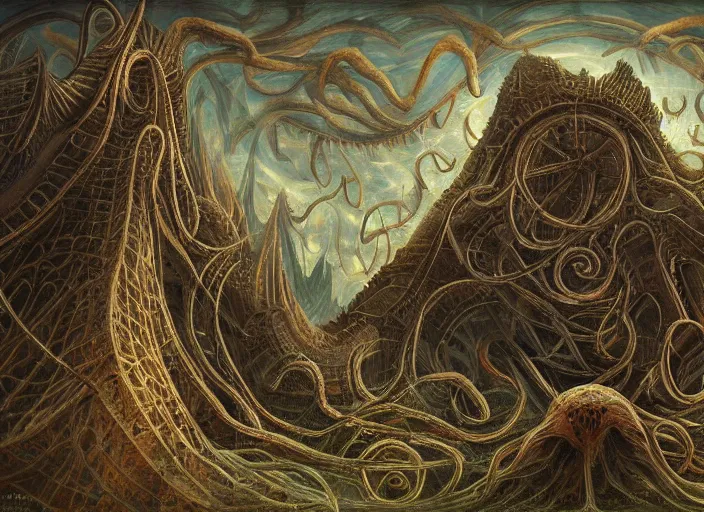 Image similar to lovecraftian structures in the sky by bosch, highly detailed digital painting