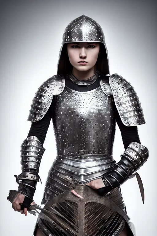 Prompt: female medieval warrior in light armor, by louis vuitton, luxury materials, symmetrical, cinematic, elegant, professional studio light, real dlsr photography, sharp focus, 4 k, ultra hd, sense of awe, high fashion