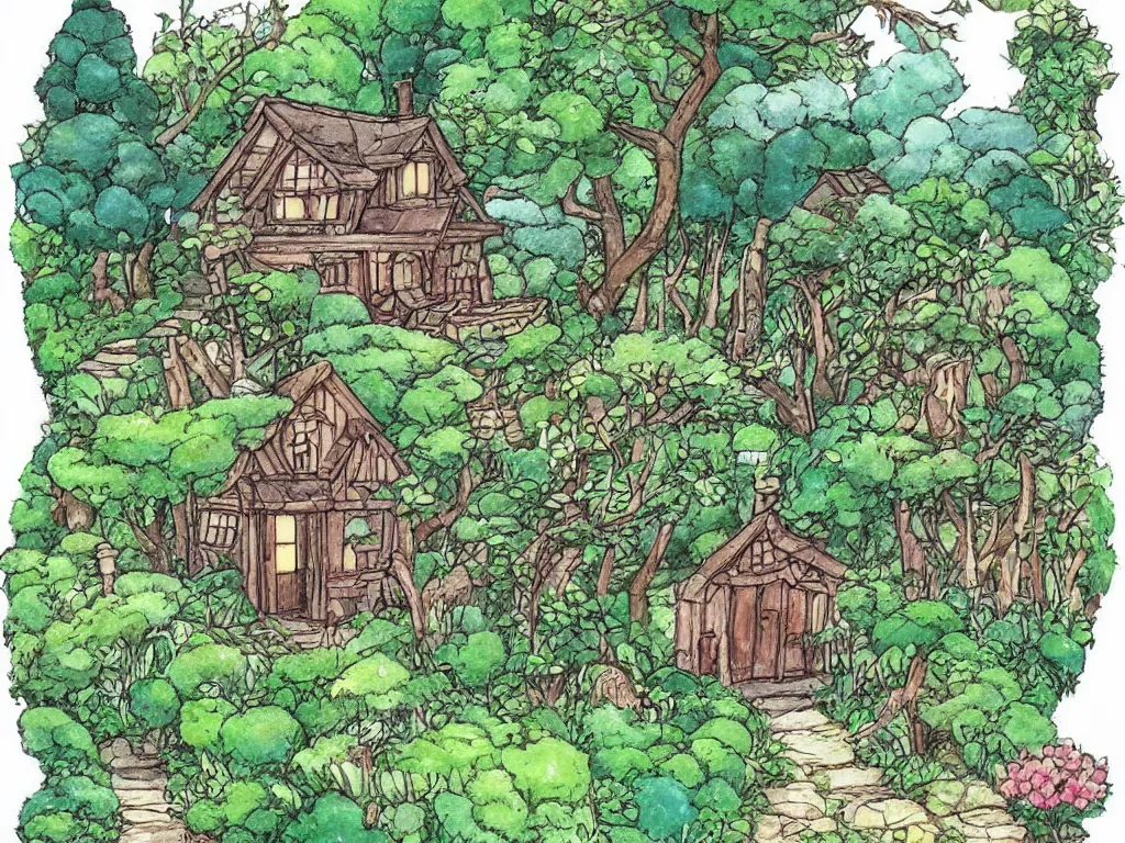 Image similar to garden wood house in the style of studio ghibli