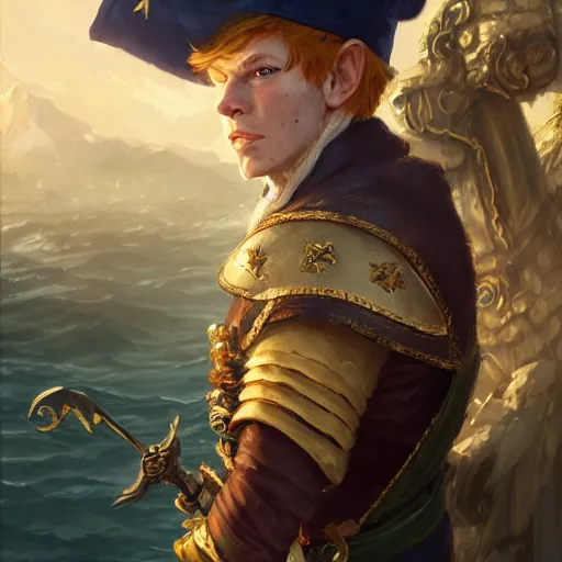 Image similar to portrait of a charming dashing ginger male elf pirate captain wearing tricorne hat, naval background, sunny day, fantasy art by greg rutkowski, intricate, elegant, D&D, award-winning, highly detailed, digital painting, trending on ArtStation, digital art.