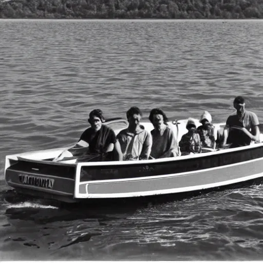 Prompt: found photo of family summer boating on lake champlain