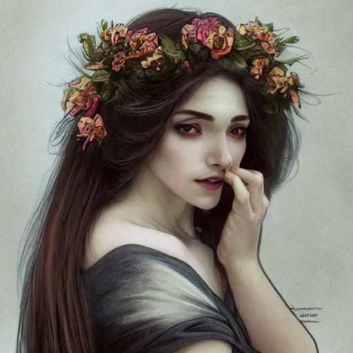 Image similar to side portrait of a beautiful witch, black hair, flower crown, white cloak, headshot, hyper realistic, pale skin, 4k, rule of thirds, beautiful eyes, extreme detail, detailed drawing, trending artstation, hd, fantasy, D&D, realistic lighting, by Alphonse Mucha, Greg Rutkowski, sharp focus, backlit, elegant