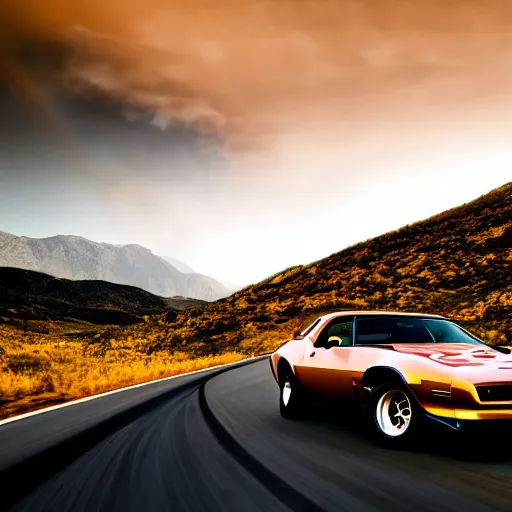 Image similar to black pontiac firebird trans - am driving towards the camera, mountain, valley, breathtaking mountains, lake, dynamic, sunrise, cinematic, motionblur, sunbeams, volumetric lighting, wide shot, low angle, mind flayer, lightning