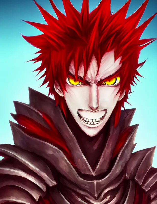 Prompt: a detailed manga portrait of a menacing tall boy with spiked crimson hair and an evil grin in fiery crimson crystalline armour, trending on artstation, digital art, 4 k resolution, detailed, high quality, sharp focus, hq artwork, coherent, insane detail, character portrait