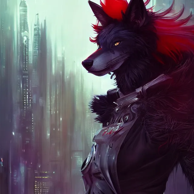 Image similar to a beautiful portrait of a handsome anthropomorphic humanoid black wolf fursona with long red hair in cyberpunk city. character design by cory loftis fenghua zhong ryohei hase isma