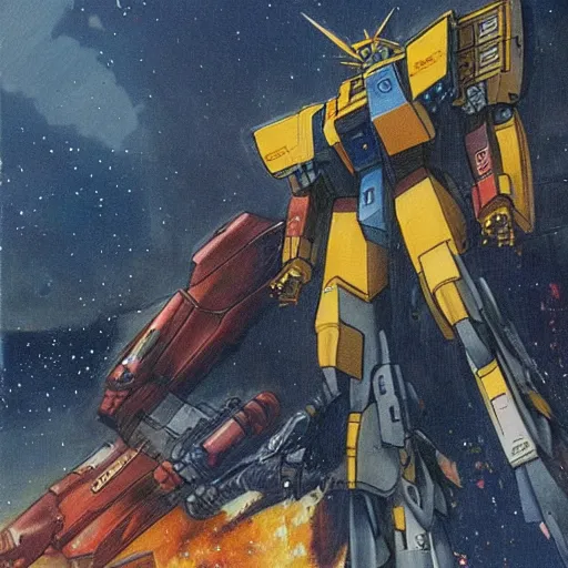 Prompt: a beautiful painting of a large battle mech crashing through a building while engaging a gundam by moebius