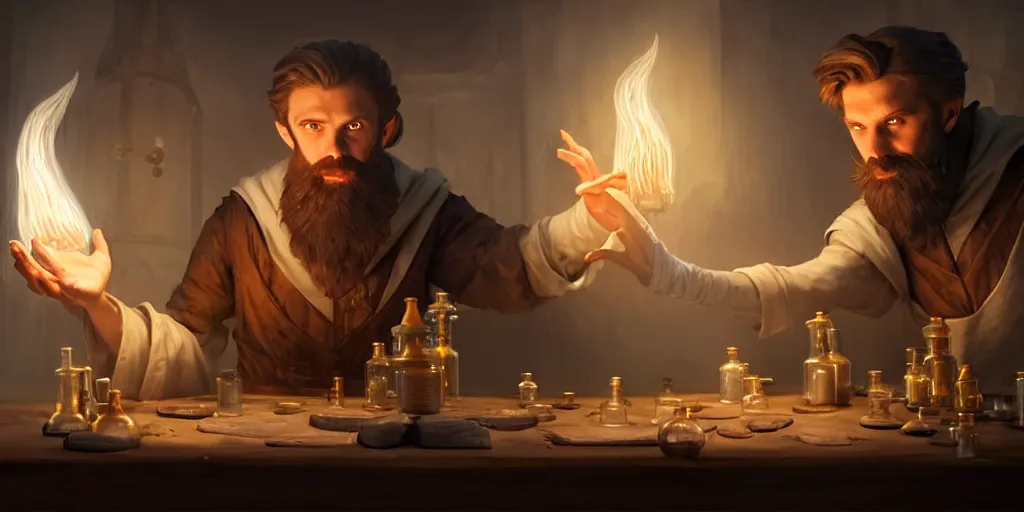 Image similar to a handsome bearded white male sorcerer with brown hair he is casting a spell from his hands, he is in a alchemist workshop filled with beakers and equipment, neutral pose, sharp focus, waist up, 4 k, by greg rutkowski, rudy siswanto and anna podedworna