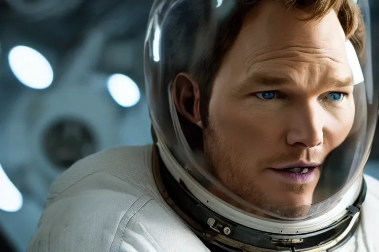 Prompt: medium shot of Chris Pratt as an astronaut in Interstellar (2014 film), detailed face, movie still, promotional image, imax 70 mm footage