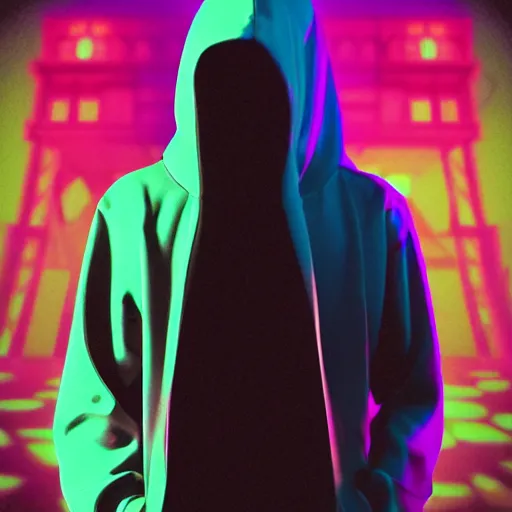 Image similar to ghost in hoodie, portrait, vaporwave, synthwave, neon, vector graphics, cinematic, volumetric lighting, f 8 aperture, cinematic eastman 5 3 8 4 film, photorealistic