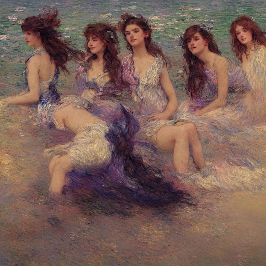 Image similar to illustration studio portrait of three beautiful girl in an artistic pose resting in the beach, monet painterly motives and textures pattern, hyper detailed, octane render, vivid colors, artstation, by jeremy mann, by alphonse mucha, by monet