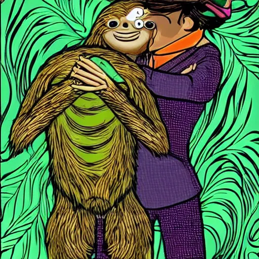 Image similar to a very trippy scene. of a half man half sloth making out with a frog