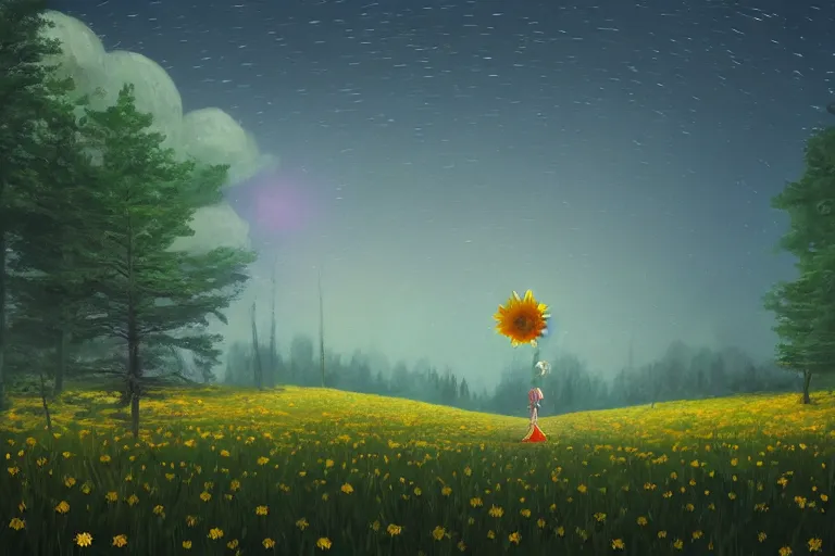 Image similar to giant daisy flower as a head, girl walking forest, big trees, hills, surreal photography, dark night, star trails, moon light, impressionist painting, clouds, digital painting, artstation, simon stalenhag