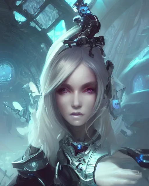 Image similar to holy cyborg necromancer girl, elegant, scifi, futuristic, utopia, garden, illustration, atmosphere, top lighting, blue eyes, white hair, beautiful, artstation, highly detailed, art by yuhong ding and chengwei pan and serafleur and ina wong