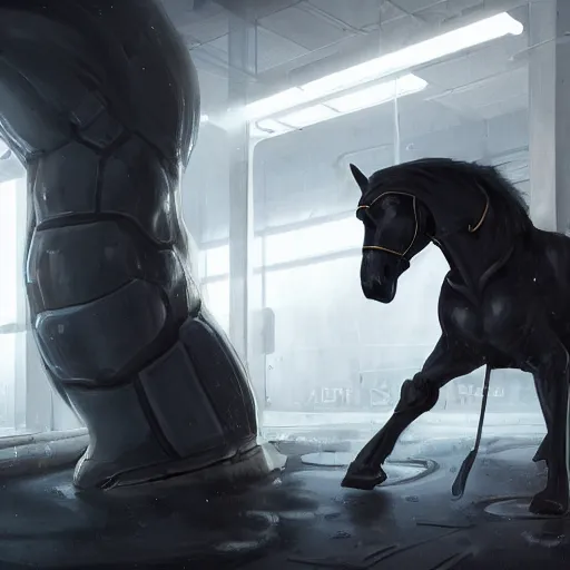 Image similar to splash art of a black - coated anthropomorphic horse supersoldier with gargantuan muscles in a research facility wearing a combat kevlar outfit, highly detailed, furry, furaffinity, digital painting, artstation, illustration, art by artgerm, greg rutkowski, wlop