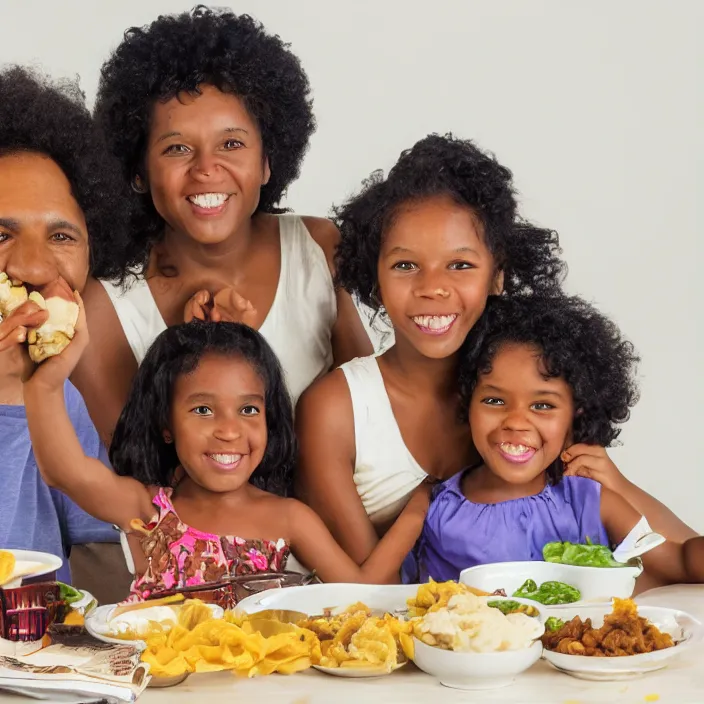 Image similar to African American family in 1979 with two daughters and a son eating chicken, mash potatoes, and rolls for dinner. 3d version style