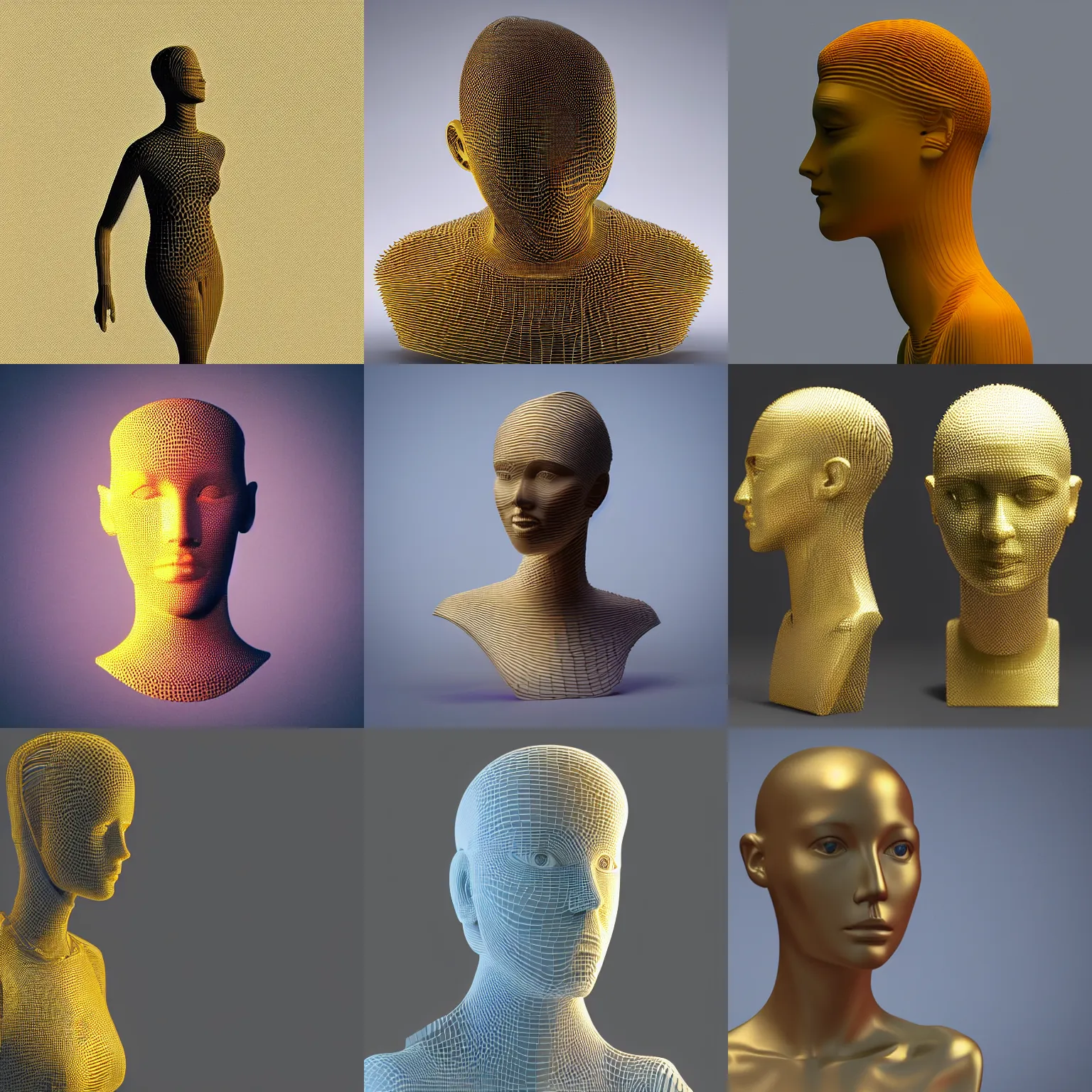 Prompt: “a mannequin made of 3d printed wavetable synthesis, golden hour, 4k, photorealistic, octane render, super resolution,” H- 1024 W- 768