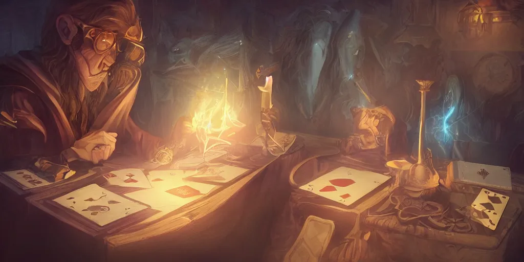 Prompt: wizard shuffling cards, cards, fantasy, digital art, soft lighting, concept art, 8 k