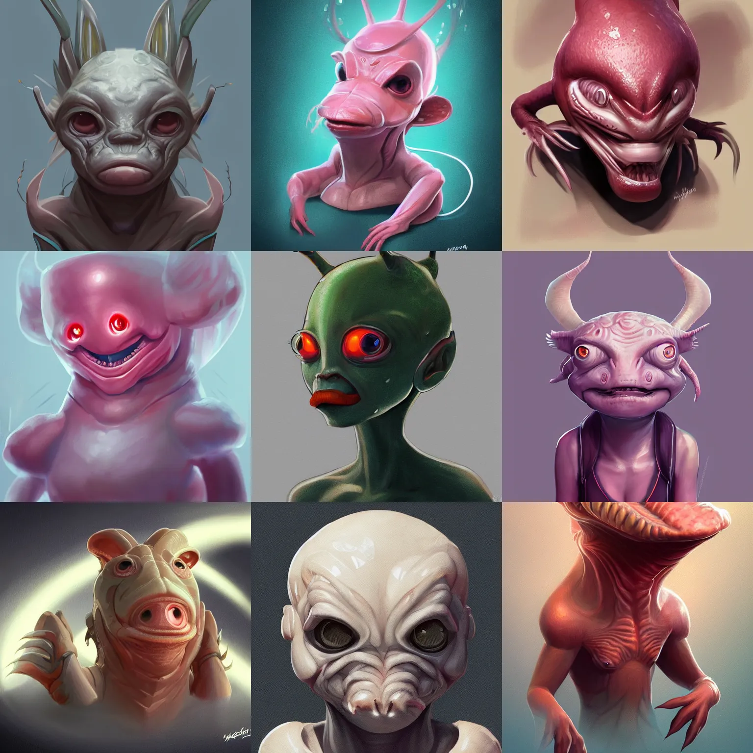 Prompt: character concept portrait, anthropomorphic axolotl alien, digital painting, concept art, smooth, sharp focus, illustration, artgerm