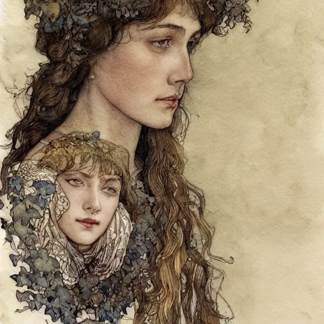 Prompt: a detailed, intricate watercolor and ink portrait illustration with fine lines of young 1 4 year old saoirse gal ronan gadot looking over her shoulder, by arthur rackham and edmund dulac and walter crane