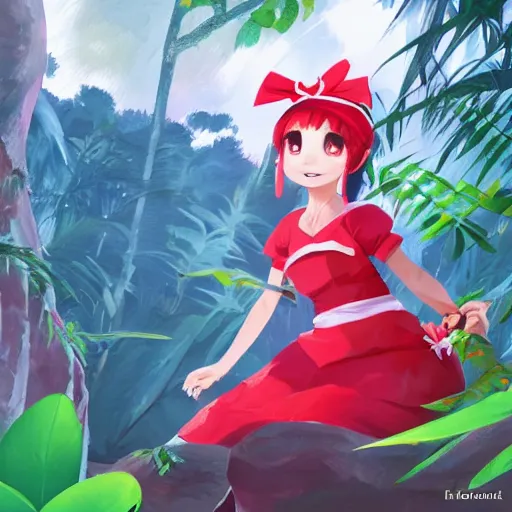 Image similar to a james gilleard of reimu in the jungle wearing bonnet