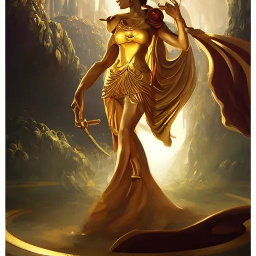 Prompt: Athena of Abyssinia in gold, defeats Chronos with thrown disc, by Peter Mohrbacher:5 Trending on Artstation:5