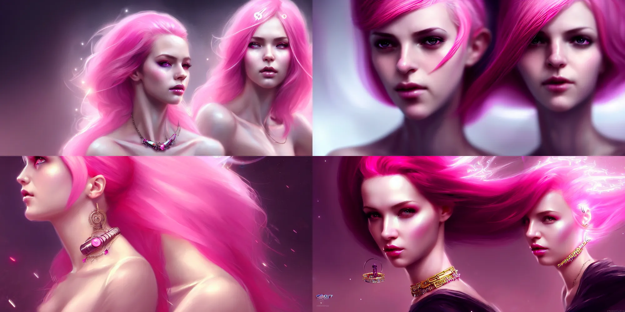 Prompt: realistic character concept of sexy girl with pink hair with lots of jewelry in the face, elegant pose, scifi, illustration, beautiful, elegant, dark fractal background, vfx, postprocessing, artstation, cinematic lighting, hyperdetailed, cgsociety, 8 k, high resolution, charlie bowater, tom bagshaw,