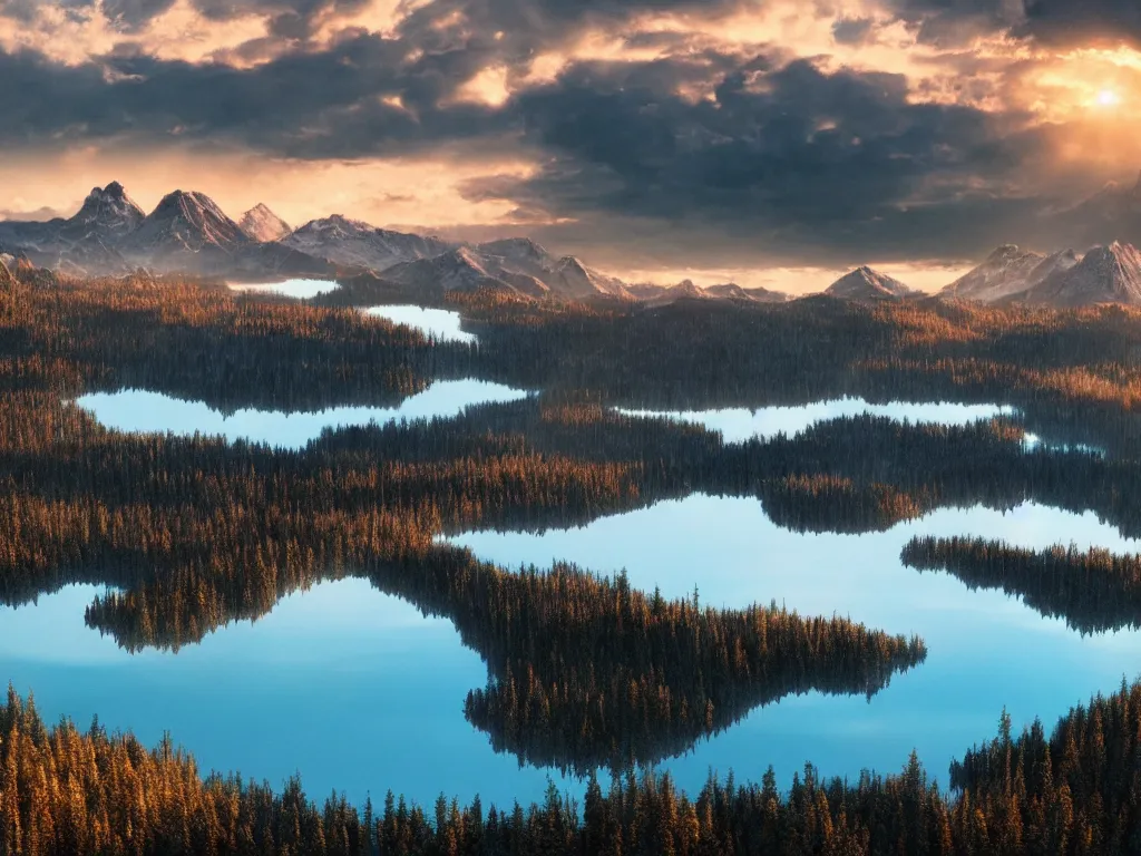 Prompt: epic crystalline taiga with a lake, golden hour, distant mountains, atmospheric perspective, cinematic, 3 5 mm lens, photographic, octane render, cinematography by roger deakins, in the style of ansel adams