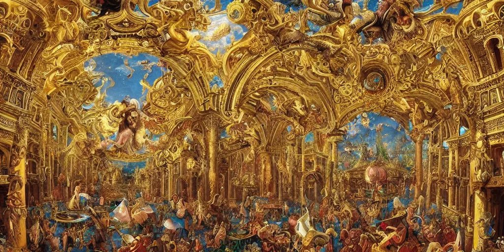 Image similar to beautiful!!! ornate heavenly!!! gold rococo megastructure in the style of heironymus bosch, colorful intricate masterpiece, hyper detailed, hd