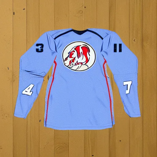 Prompt: hockey jersey with a samoyed logo