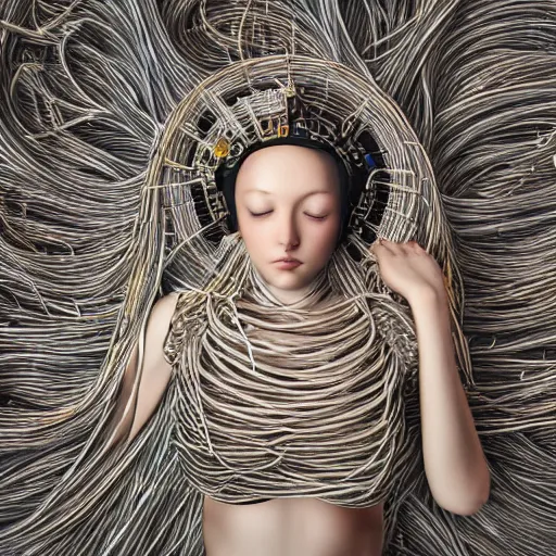 Prompt: tapping in to something greater, piles of modular synth cables, goddess laying down wearing a headpiece made of circuit boards, by cameron gray, wlop, stanley kubrick, masamune, hideki anno, unique perspective, trending on artstation, 3 d render, smooth render