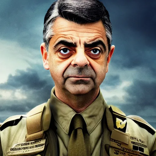 Image similar to rowan atkinson as epic war hero, movie poster, 8 k hd,