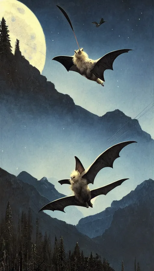 Image similar to a white bat, flying against a black night sky, mountain in the background, moonlight, denoised, very detailed, painted by james gurney, norman rockwell, tom bagshaw