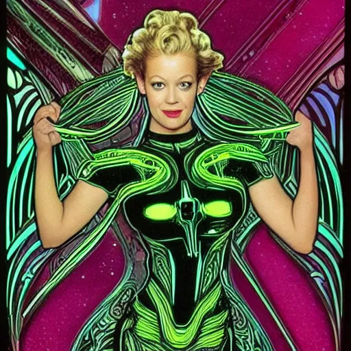 Image similar to young Jeri Ryan in the role of Seven of Nine the Borg from star trek, art nouveau, amazing details, intricate details, beautiful ,insane details , tarot card, black paper, neon green, fractal system circuit , in the style of Alphonse Mucha,