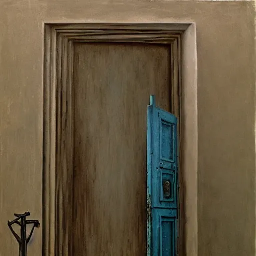 Prompt: painting by zdzislaw beksinski of a door, zyklon blue, detailed, far shot, graveyard
