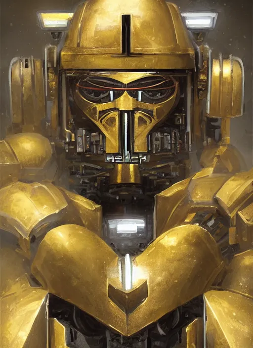 Image similar to dynamic attack position abstract portrait of a intricate glorious holy mechanical warforged character in yellow armor holding a paladin engraved great longsword drawn and carrying a big paladin shield, glowing!!!! eye!!!!!, face in focus, pit droid, epic , trending on ArtStation, masterpiece, cinematic lighting, by Ross Tran and by Greg Rutkowski