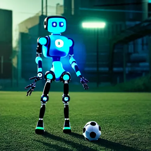 Prompt: a cyberpunk robot playing soccer in a soccer terrain, national geographic photography, 3 d, make it look like dall - e 2 made it