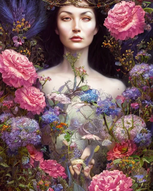 Image similar to portrait of the eurasian queen of the underworld, surrounded by flowers by karol bak, james jean, tom bagshaw, rococo, sharp focus, trending on artstation, cinematic lighting, hyper realism, octane render, 8 k, hyper detailed.