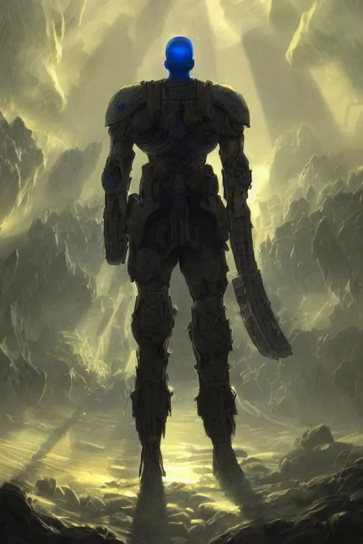 Image similar to a distant shot of a single super soldier with blue and yellow flag and standing alone on a huge pile of human skulls as a winner, masculine figure, D&D, fantasy, epic atmosphere, volumetric lights, beam of bright light through the clouds, intricate, elegant, highly detailed, extremely detailed, digital painting, artstation, concept art, matte, smooth, sharp focus, hyper realistic, illustration, art by Artgerm and Greg Rutkowski and Alphonse Mucha