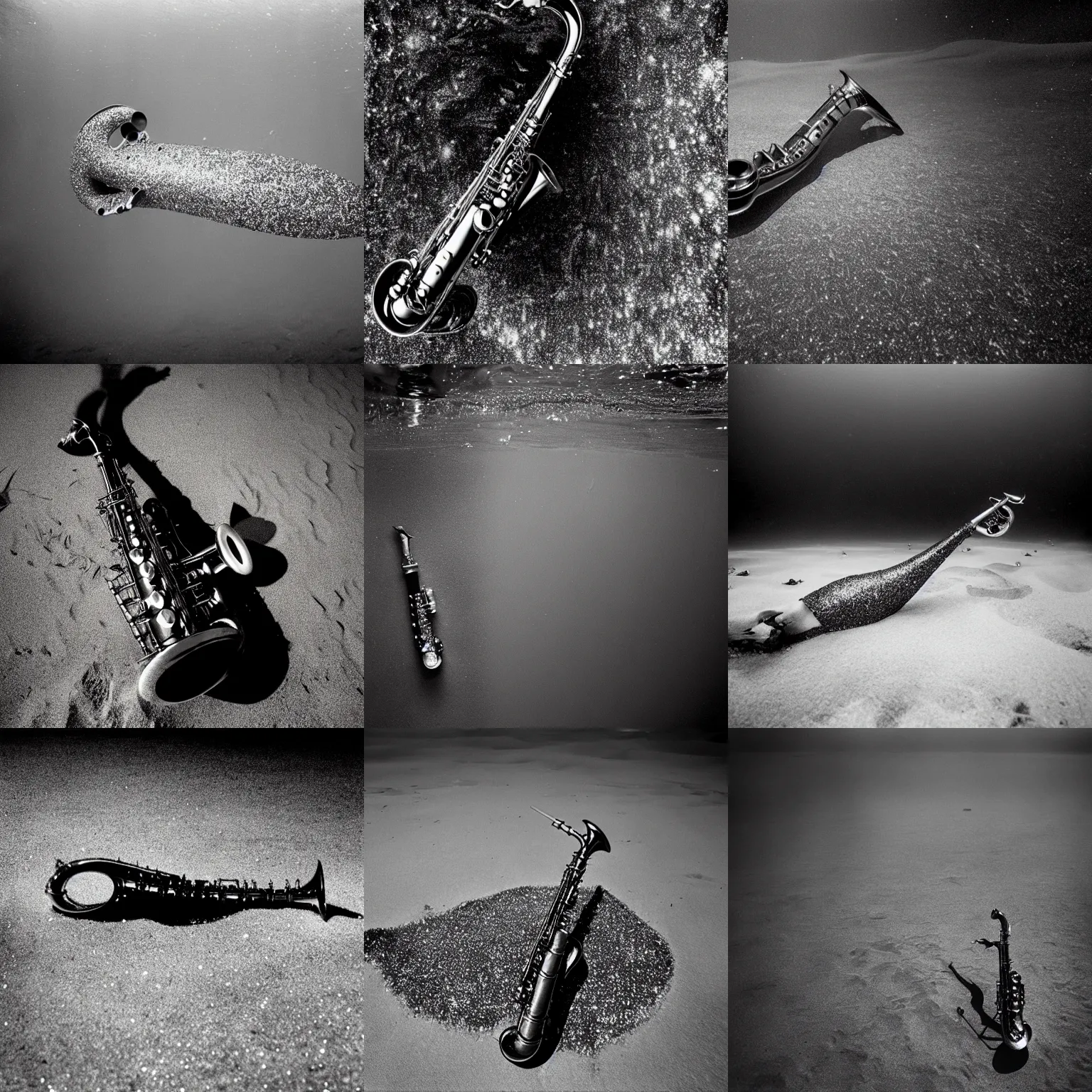 Prompt: glittery saxophone lying on ocean floor in the sand underwater, noisy, detailed, high contrast award winning photo by Trent Parke, Magnum photos