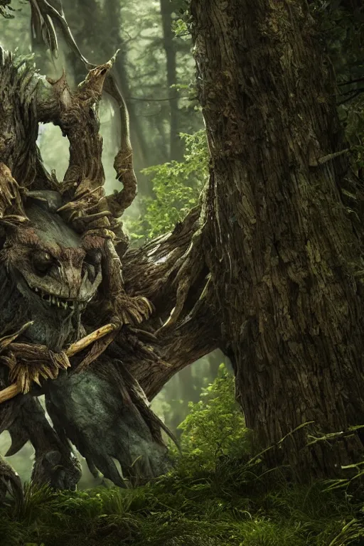 Image similar to forest monster, Witcher, creature design, concept art, weta studio, cinema 4D, extremely detailed, UHD, octane, ILM