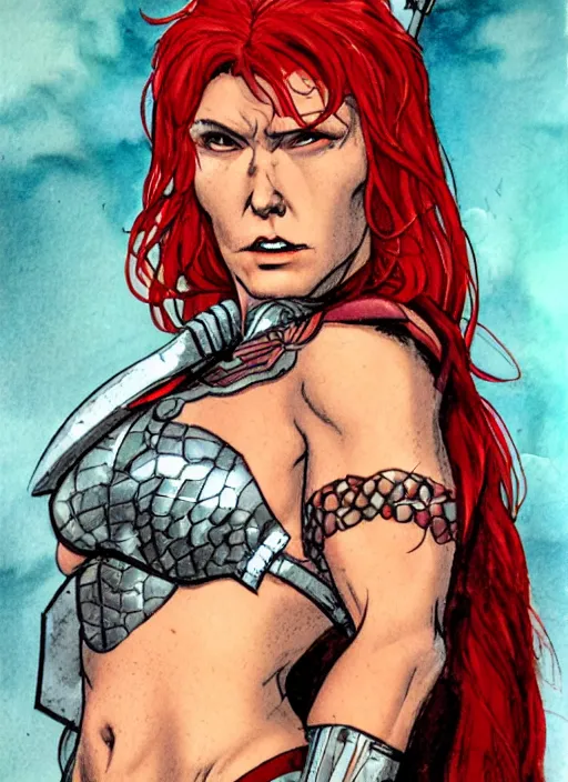 Prompt: a portrait of red sonja