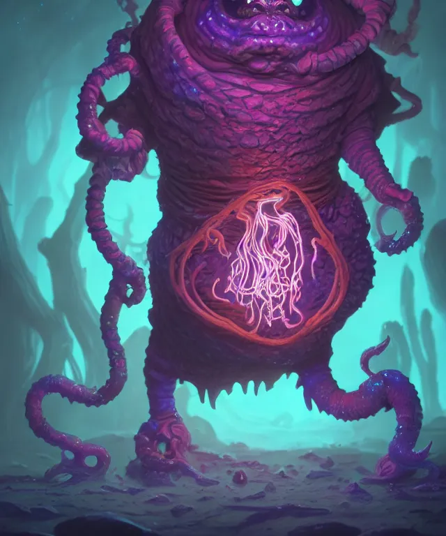 Image similar to a xanathar made of bioluminescence slimy skin, fantasy, elegant, crisp 8 k line art, digital painting, artstation, unreal engine, octane render, emissive lighting, concept art, matte, sharp focus, hyper realistic lighting, illustration, deep royal blue and pink color scheme, art by carl barks