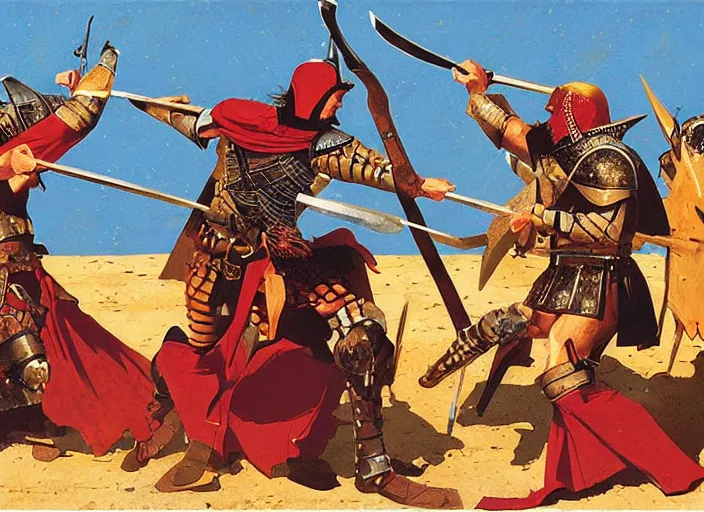 Image similar to dynamic combat scene between a Byzantine medieval warrior and a Turkish medieval warrior, by Angus McBride.